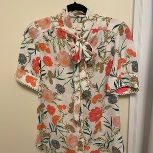 Kate Spade floral bow button down blouse XS